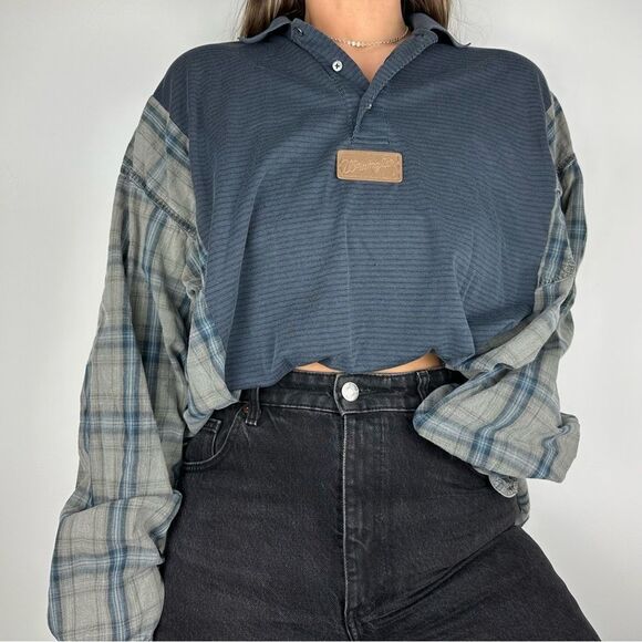 Reworked Wrangler Country Upcycled Blue Long Sleeve Plaid Pullover Shirt Top - Picture 1 of 4